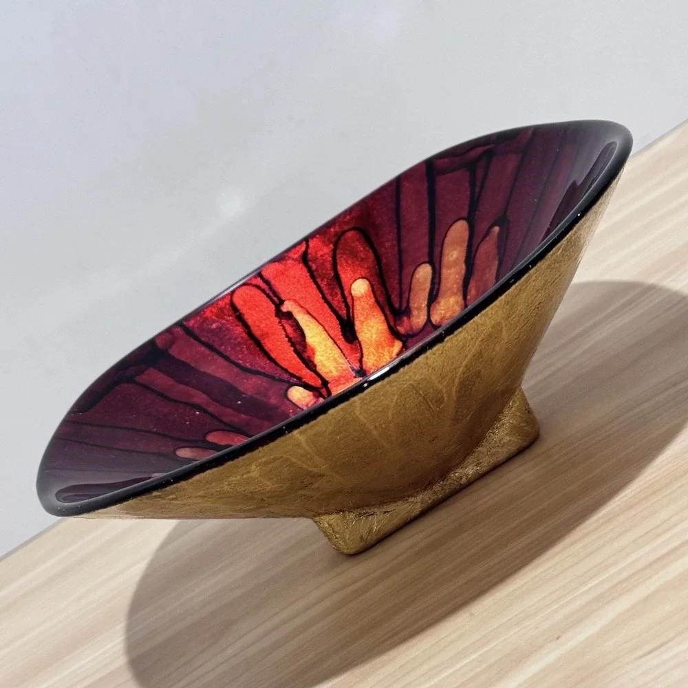 VTG Bowl Red Gold Black Enamel On Glass Underside Gold Foil Paint Italy Pier 1